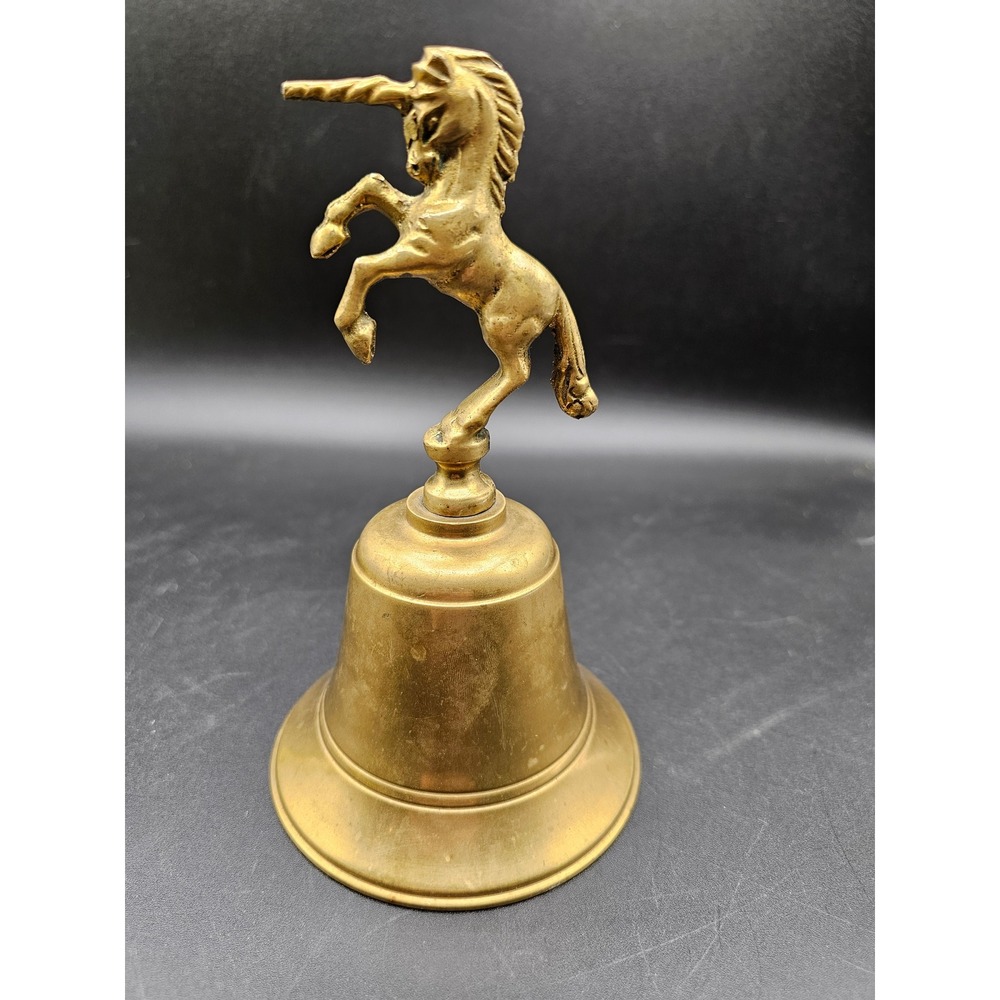Vintage Solid Brass Rearing Unicorn Hand Bell 7 Inch Decorative Gold Fantasy